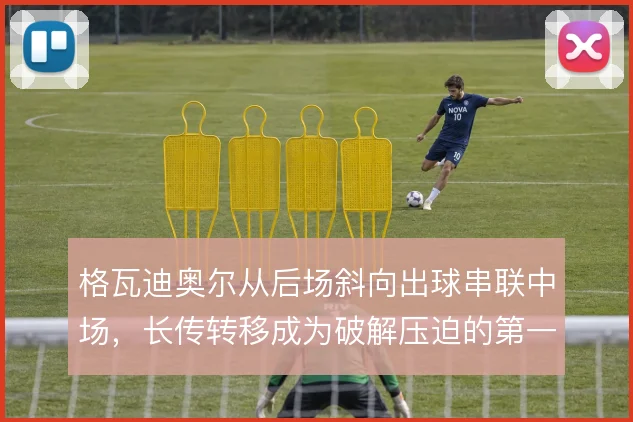 格瓦迪奥尔从后场斜向出球串联中场,长传转移成为破解压迫的第一出口